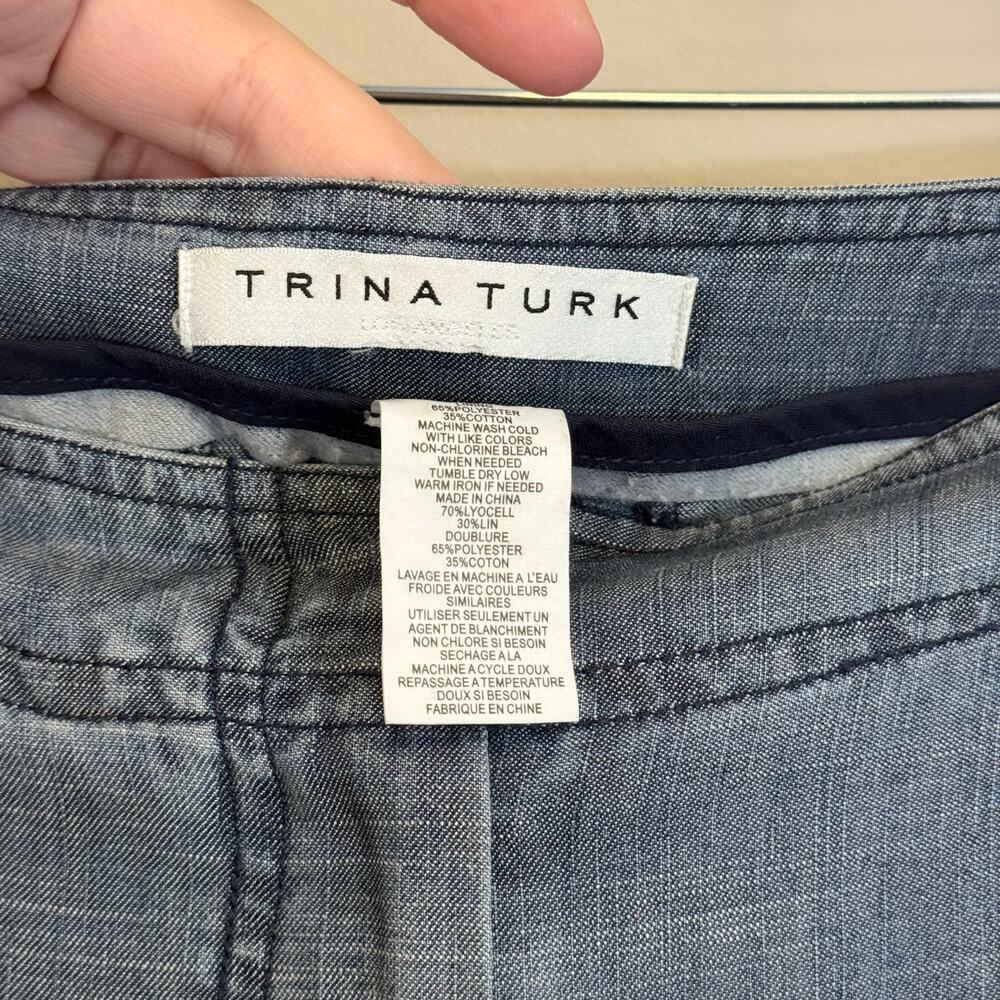 Trina Turk Chambray Pants Womens 37 Blue Linen Blend High Rise Frayed Hem Casual - Picture 6 of 8